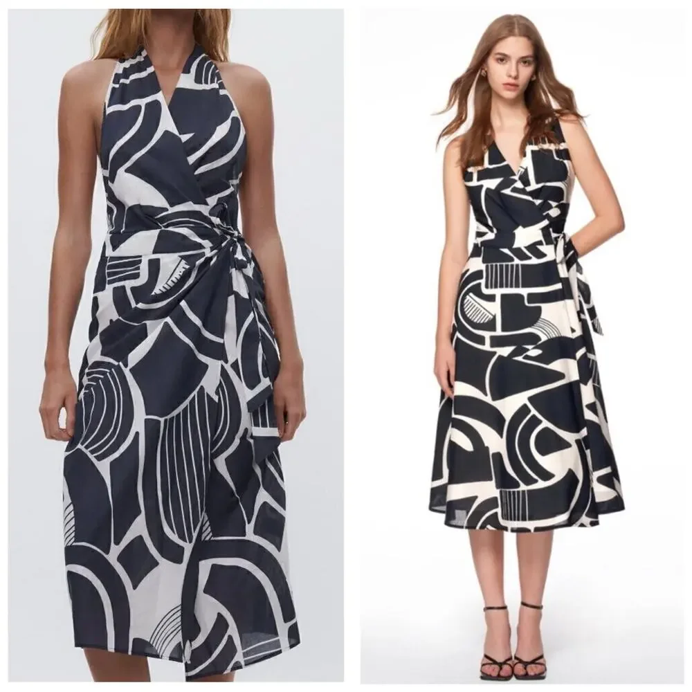 Zara The Nicole Printed Halter Wrap Navy/White Midi Dress Size Large Open Back - Picture 12 of 12